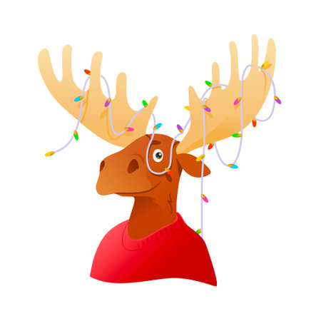 Illustration of a cute moose in a red sweaterのイラスト素材