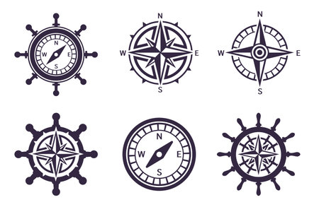 Wind rose, rudder and compass combination icons setのイラスト素材
