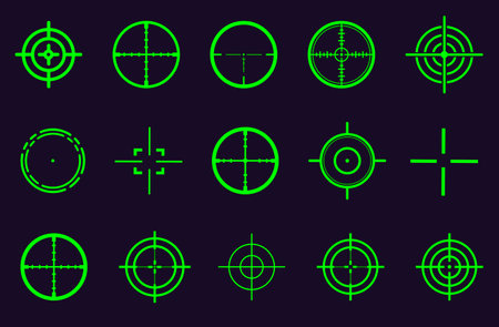 Sniper aim pointer. Focus sniper, sight military for shoot illustration. Target navigation, sniper weapon mark cursor, different focus military sight and focused eye shooting aimsのイラスト素材