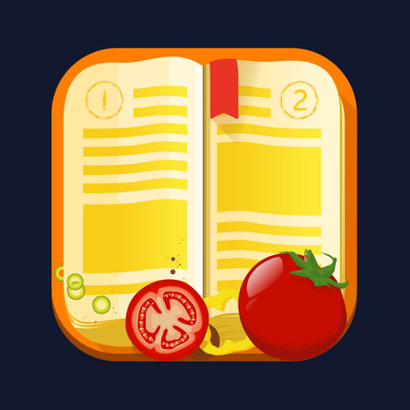 Open Recipe Book with Fresh Ingredients. Cooking Concept with Tomato and Healthy Meal Preparationのイラスト素材
