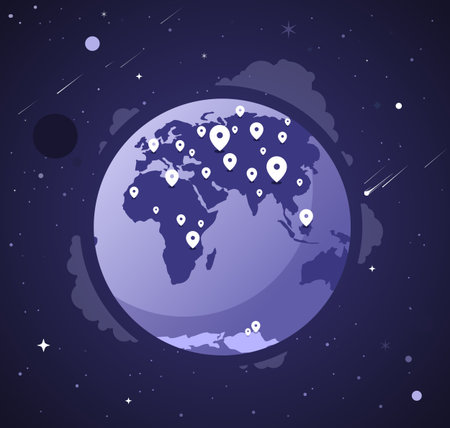 Global Digital Map. World Network with Location Pins in Dark Blueのイラスト素材