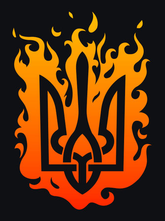 Flaming Ukraine Tryzub Warrior Symbol. Fiery Ukrainian Tryzub coat of arms blazing flames symbolizing strength, patriotism, national pride, resilienceのイラスト素材