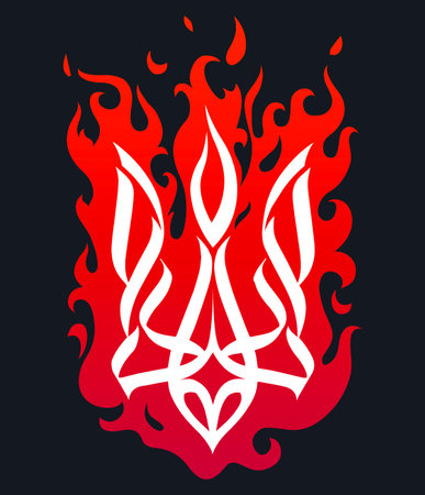 Flaming Tryzub Emblem of Ukraine. Ukrainian Tryzub national emblem in flaming fire tribal style symbolizing resilience, strength, independence, cultural heritage and burning spiritのイラスト素材