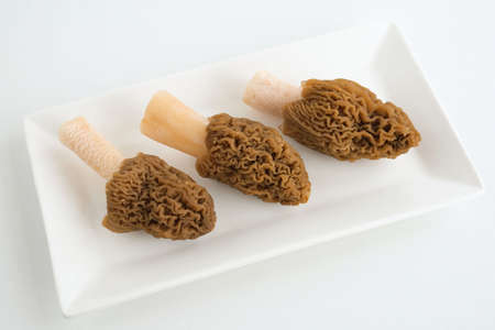 Three large morels lie on a white, rectangular plate on the table. Spring, the first mushrooms....
