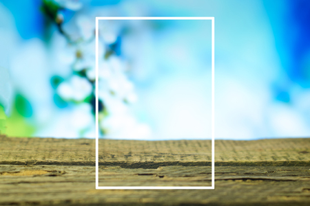 Spring background with white frame on wooden boards.の写真素材