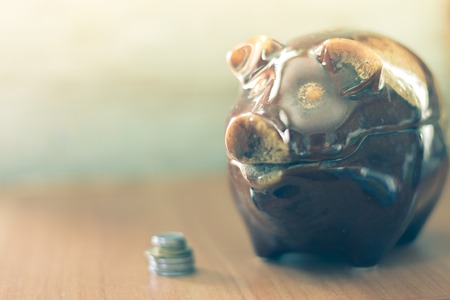 Pig piggy bank with coins on a wooden background.の写真素材