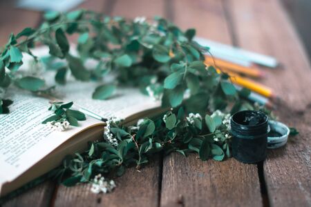 Spiral branches against the backdrop of paints and booksの写真素材