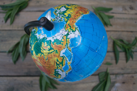 Globe on a wooden backgroundの写真素材