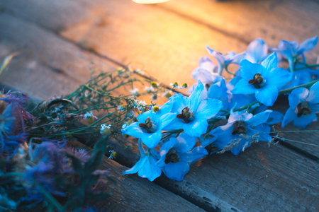 Wildflowers on a wooden dark old backgroundの写真素材