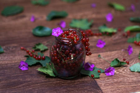 Berries of a currant in a glass jar on a wooden backgroundの写真素材