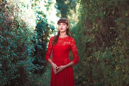Portrait of a beautiful young girl in a red dressの写真素材