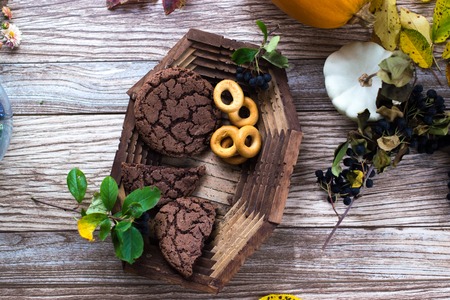 Homemade cakes food in a wooden platterの写真素材