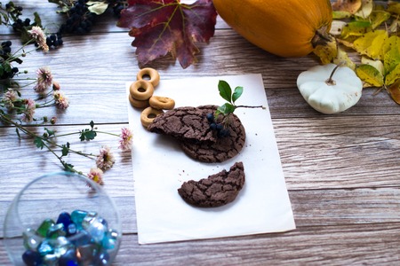 Homemade cakes, cake on a wooden backgroundの写真素材