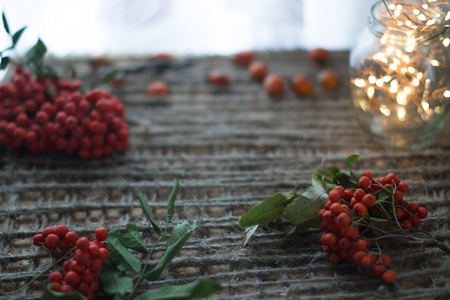 Rowan on a wooden background with a twineの写真素材