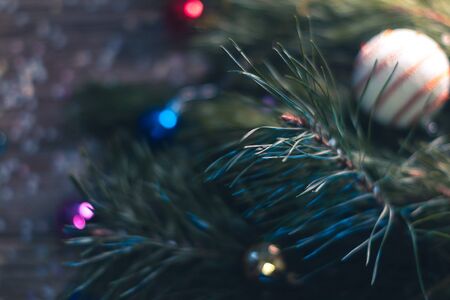 Christmas decorations on a wooden background with Christmas treesの写真素材