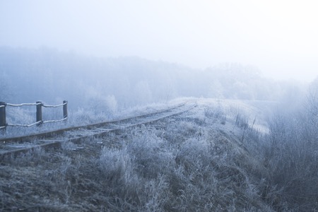 Winter landscape. Railway on a frosty morningの写真素材