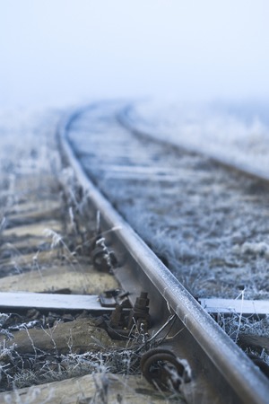 Winter landscape. Railway on a frosty morningの写真素材