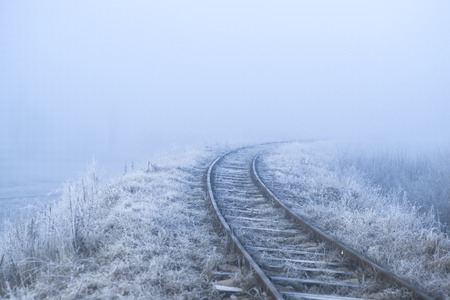 Winter landscape. Railway on a frosty morningの写真素材