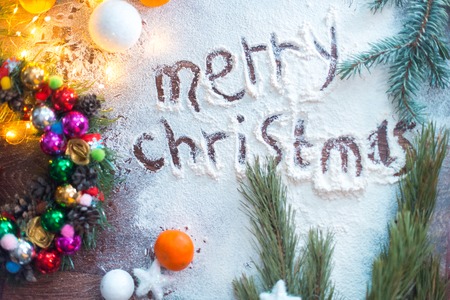 New Year's still-life. On a wooden background in the snowの写真素材