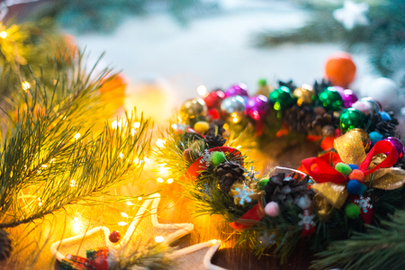 New Year's still-life with lights, ornaments on a white backgroundの写真素材