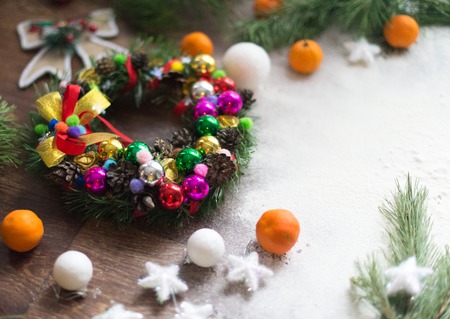 Holiday decorations with lights, ornaments on a white backgroundの写真素材