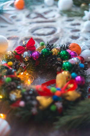 New Year's still-life. On a wooden background in the snowの写真素材