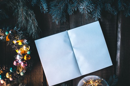 Christmas background with Christmas decorations on a wooden background mocapの写真素材