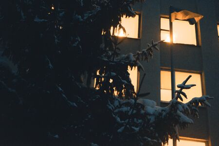 Light from the windows of the high-rise in the winter snowy eveningの写真素材