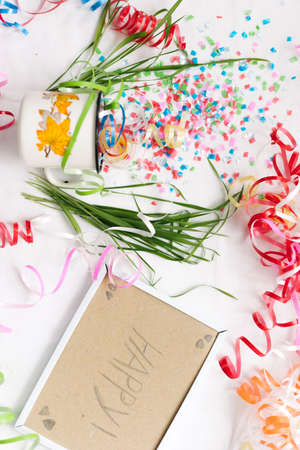 White mug with confetti isolate festive mocap.
