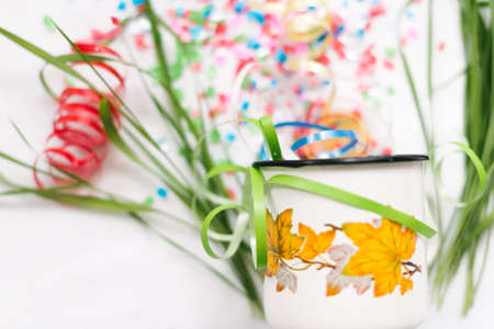 White mug with confetti isolate festive mocap.の写真素材