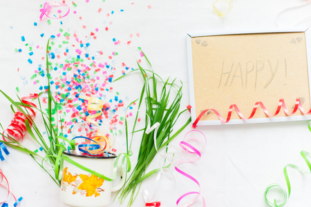 White mug with confetti isolate festive mocap.の写真素材