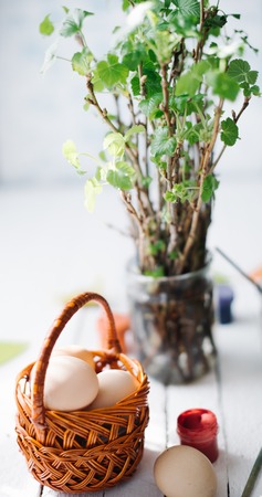 The process of painting Easter eggs still life on a white wooden background.の写真素材
