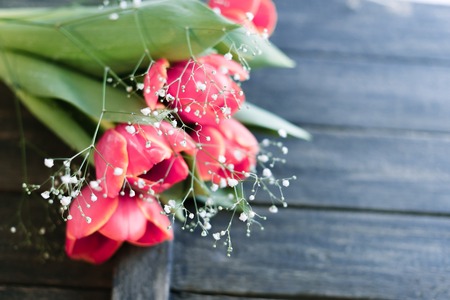 Tulips flowers on a black old wooden background. Flat lay.の写真素材
