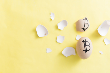 Egg with bitcoin painted on a yellow background. The concept of the collapse of the Crypto-currency.