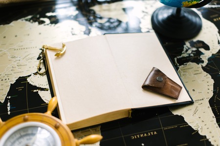 Map with traveler's accessories concept. Still life.の写真素材