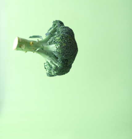 Broccoli in the air on a green background.の写真素材