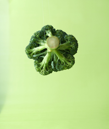 Broccoli in the air on a green background.の写真素材