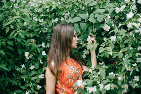 Beautiful young girl in a summer red dress in a park.の写真素材