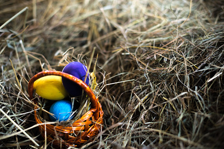 Easter eggs in a basket on a hay with a blurred background.の写真素材