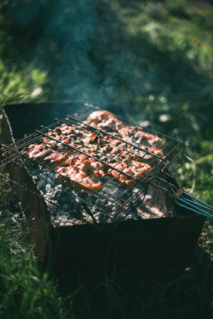 Barbecue on a summer day in the garden. Picnic outdoor recreation concept.の写真素材