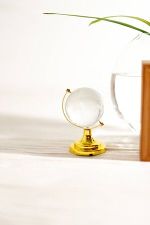 Glass globe on a white background with a palm branch in a vase.の写真素材