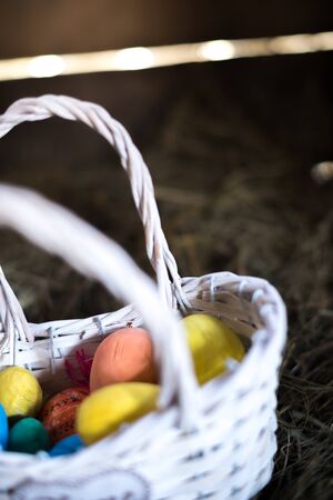 Easter eggs in a basket on a hay with a blurred background.の写真素材