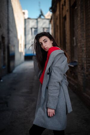 Girl in a red blouse and a gray cardigan on the background of the old brick wall.の写真素材
