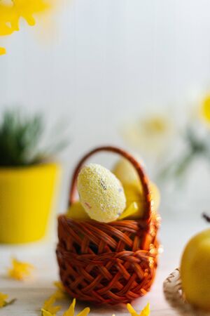 Yellow easter eggs in a basket on a white background.の写真素材