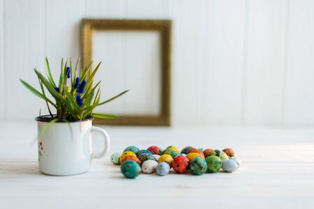 Multi-colored Easter eggs on a white wooden background.の写真素材