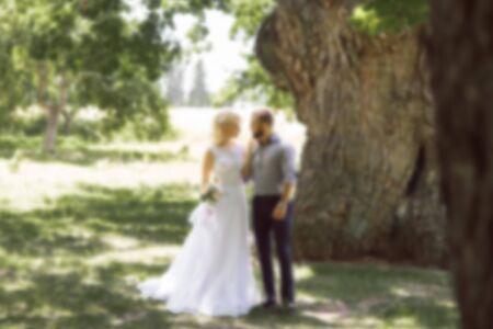 Newlyweds on nature walk summer frame in defocus background image.の写真素材