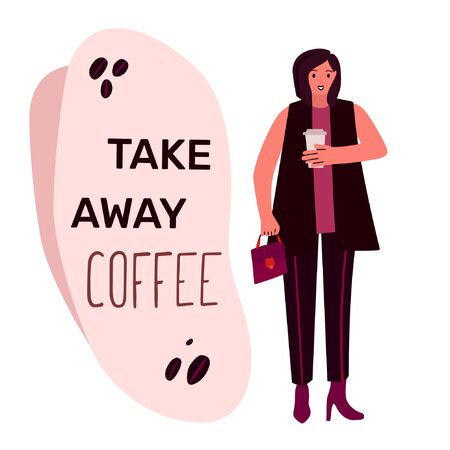 Woman on the street drinking morning coffee.Take away coffee. Coffee on the goのイラスト素材