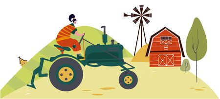 Organic farming. Agricultural workers planting and gathering crops, working on tractor, farmer, farmhouse. Flat cartoon vector illustration. Local grown.のイラスト素材