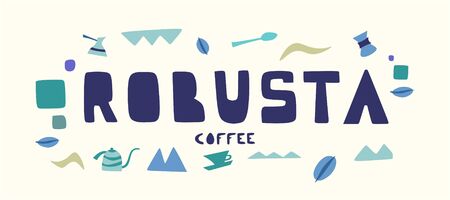 icon for Coffee, typeface for title mixed coffee, heap of dark roasted, green raw and light medium coffee beansのイラスト素材