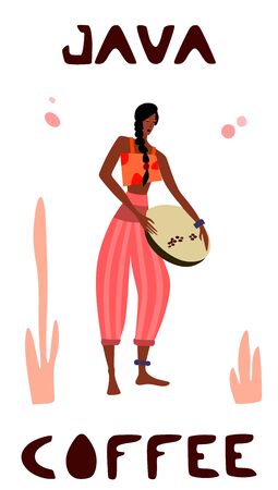 Vector illustration of woman pickers are harvesting coffee from branches of trees. Coffee beans template for farmer, roasters company. Design for banner, book, flyer, print, posterのイラスト素材